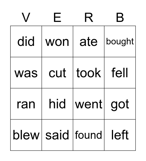 VERB PAST BINGO Card