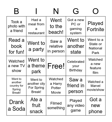 Return from Spring Break Bingo Card