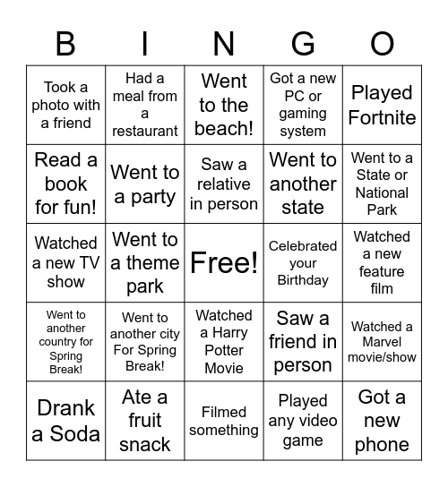 Return from Spring Break Bingo Card