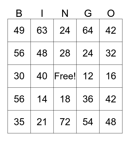 6, 7, 8 Multiplication  Bingo Card