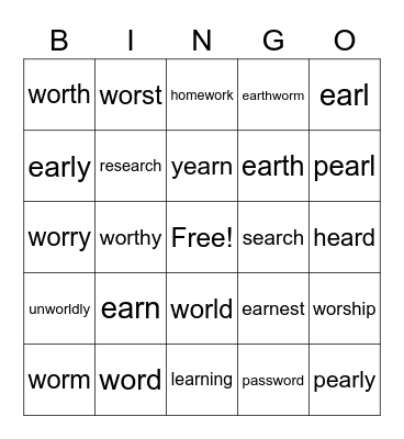 /ear/, /wor/ Bingo Card