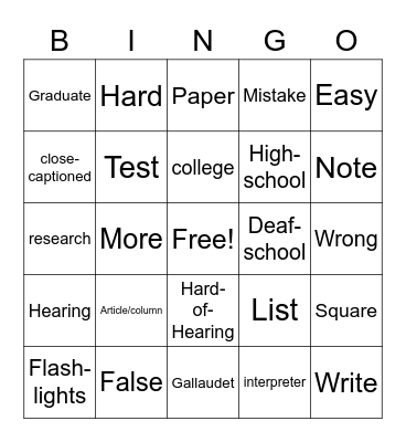 DRA ASL 1 - Lesson 13 Bingo Card