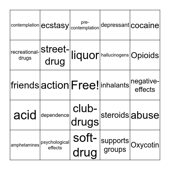 Substance Abuse Bingo Card