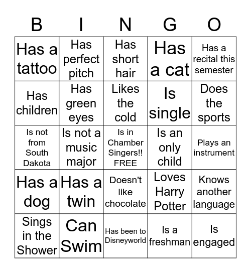 Chamber Singers Bingo Card