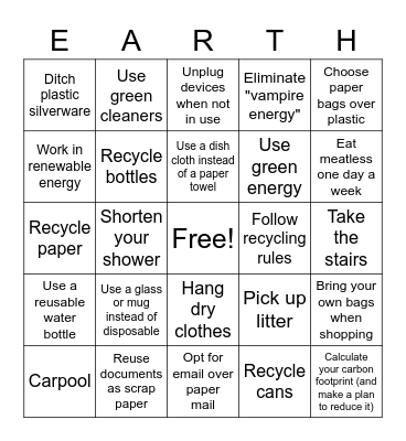 Earth Week Bingo Card