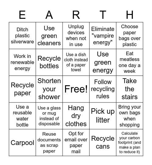 Earth Week Bingo Card