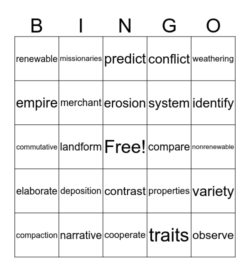 Vocabulary Review Bingo Card