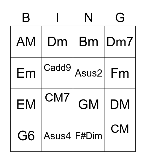 Guitar Chords Bingo Card