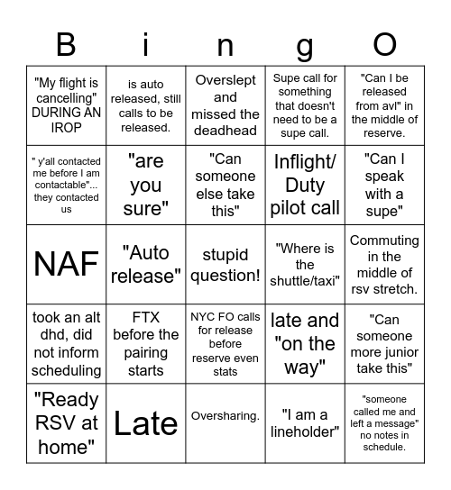 Crew Sch Bingo Card