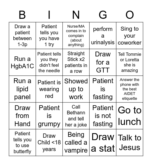 Phlebotomist Bingo Card