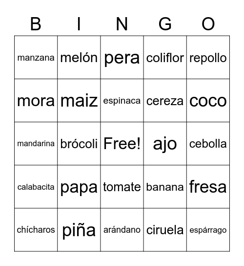 Frutas y Vegetales Bingo Card