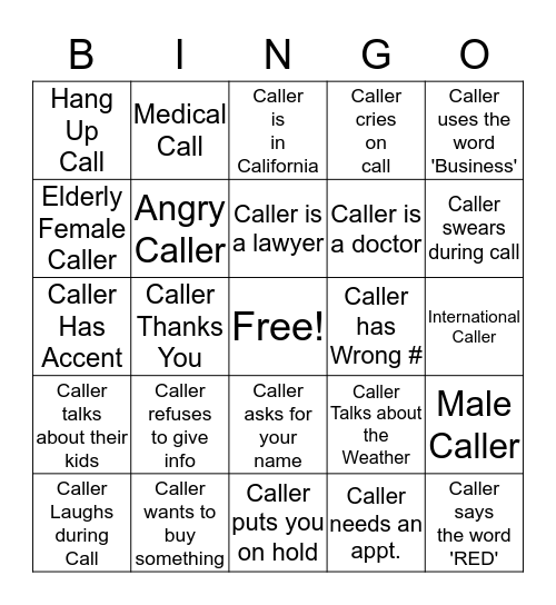 CALLER BINGO Card