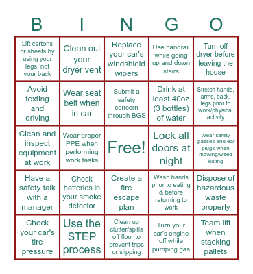 Safety Bingo Card
