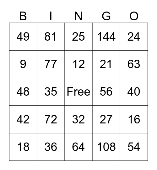 Multiplication Bingo Card