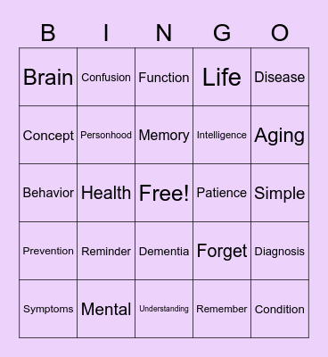 Dementia Awareness Bingo Card