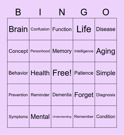 Dementia Awareness Bingo Card