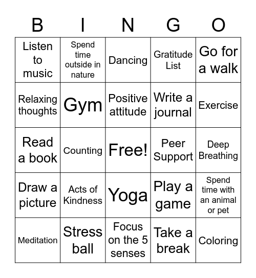 Coping Skills Bingo Card