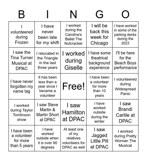 DPAC Stars Volunteer Bingo Card