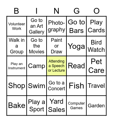 Engagement in Activities Bingo Card