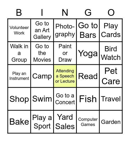 Engagement in Activities Bingo Card