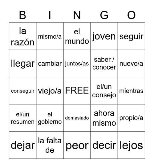 Unit 19 (Definiciones) Bingo Card