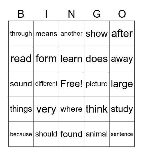Sight Words Bingo Card