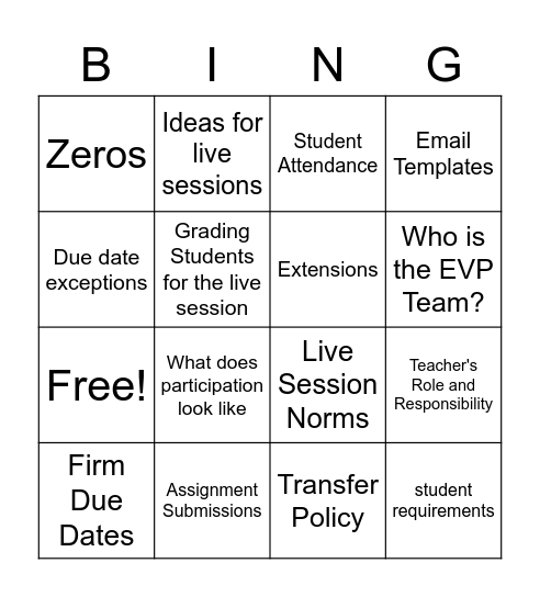 EVP - Session 1 Bingo Card