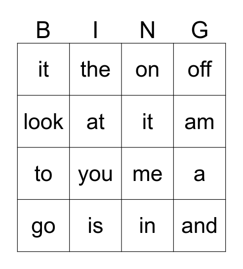 Sight Word Bingo Card