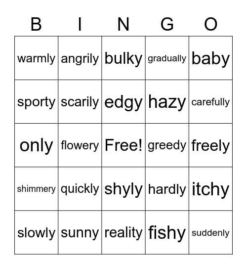 -y & -ly suffixes Bingo Card