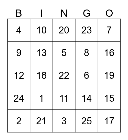 Number Bingo Card