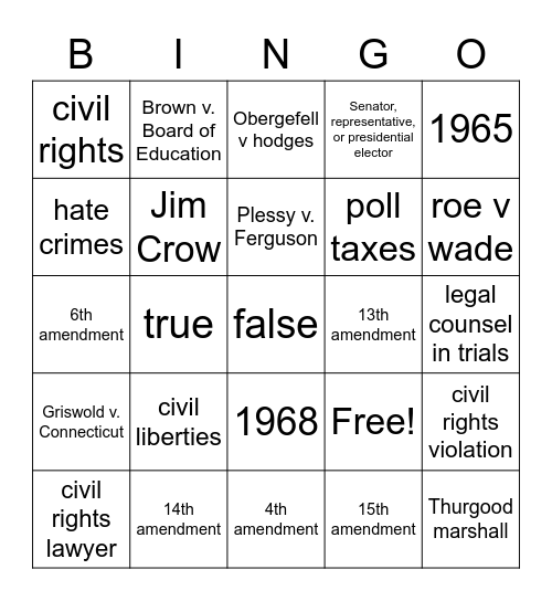 Civil rights/liberties presentation activity Bingo Card