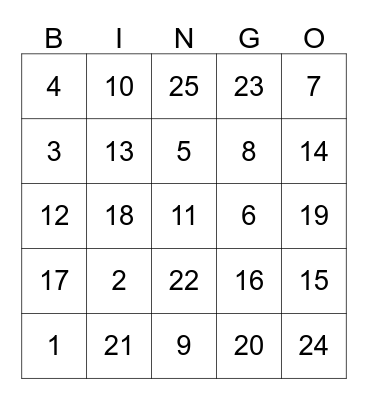 Number Bingo Card