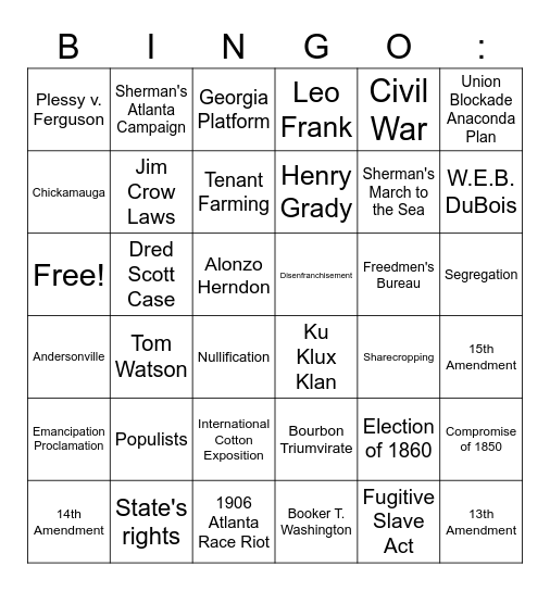 Civil War & The New South Bingo Card