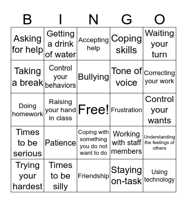 School Skills BINGO Card