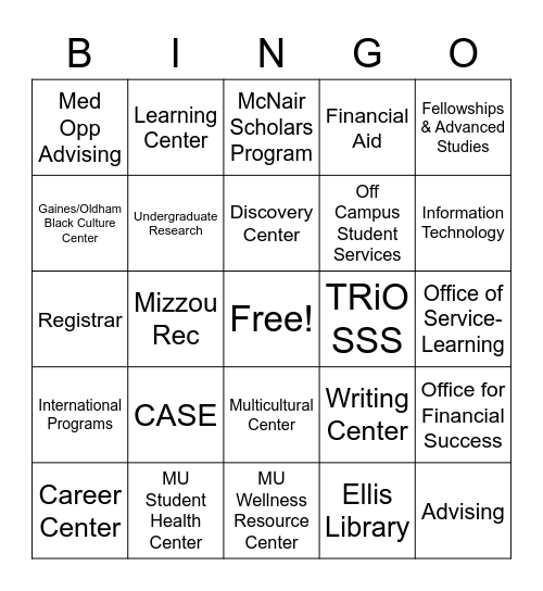 Mizzou Student Success Resources Bingo Card