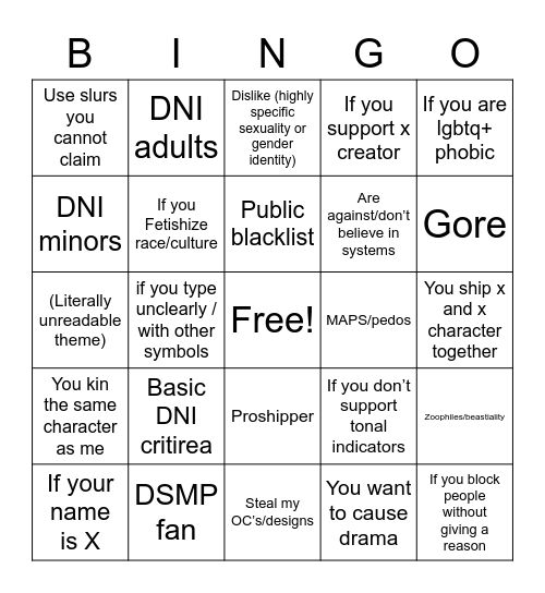 DNI toyhou.se bingo Card