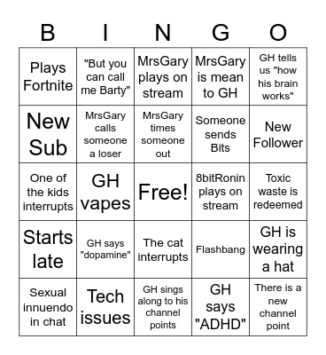 GH92 Stream Bingo Card