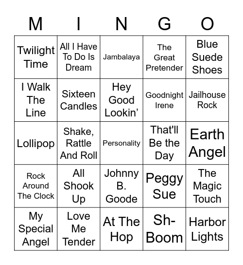 1950's Hits Songs Bingo Card