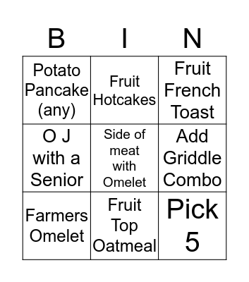 breakfast Bingo Card
