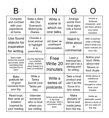 Travel Writing Bingo Card Bingo Card