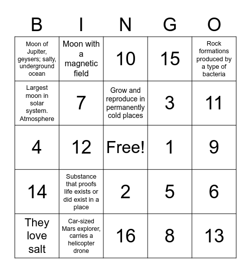 Astrobiology 2 Bingo Card
