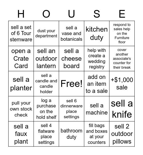 housewares Bingo Card