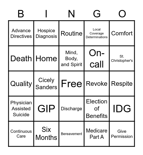 Hospice 101 Bingo Card