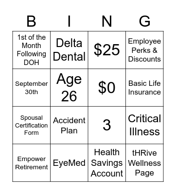 Benefits Bingo Card