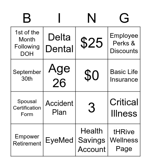 Benefits Bingo Card