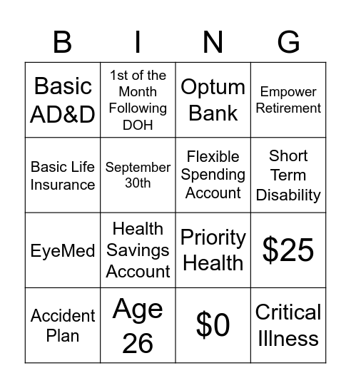 Benefits Bingo Card