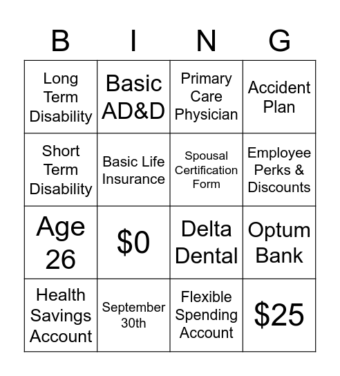 Benefits Bingo Card