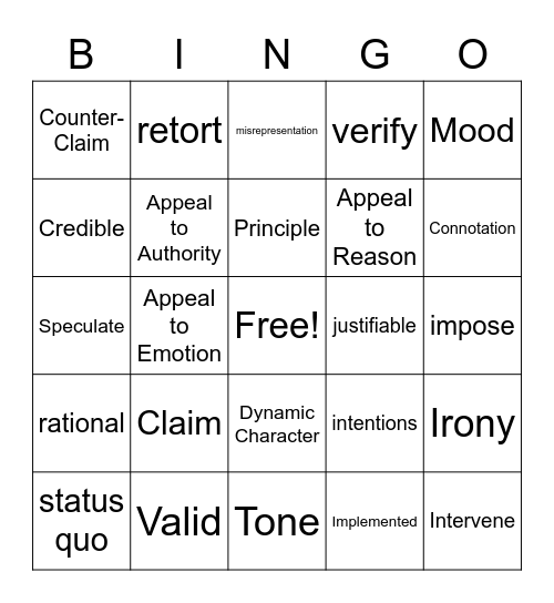 Unit 3 Vocab Bingo Card