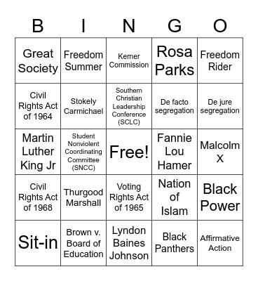 American Civil Rights Movement Bingo Card