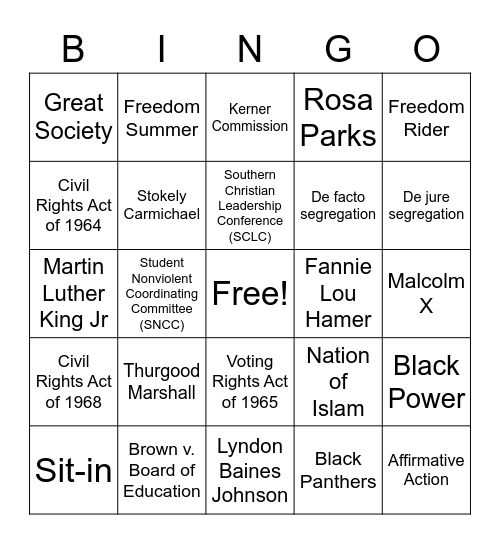 American Civil Rights Movement Bingo Card